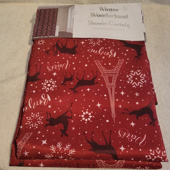 Winter Wonderland Snow Eiffel Tower Reindeer Shower Curtain Set 13 piece NWT - Picture 3 of 4